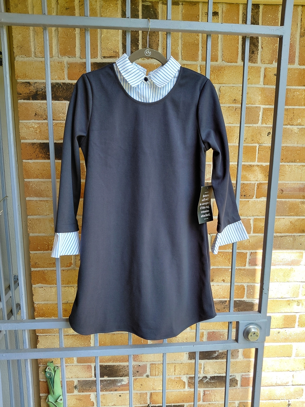 Pomander Place Navy Dress with Striped Collar and Cuffs